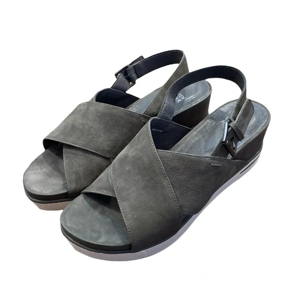 Eileen Fisher “Good” Leather Wedge Platform Sandal 8.5 Crisscross Graphite